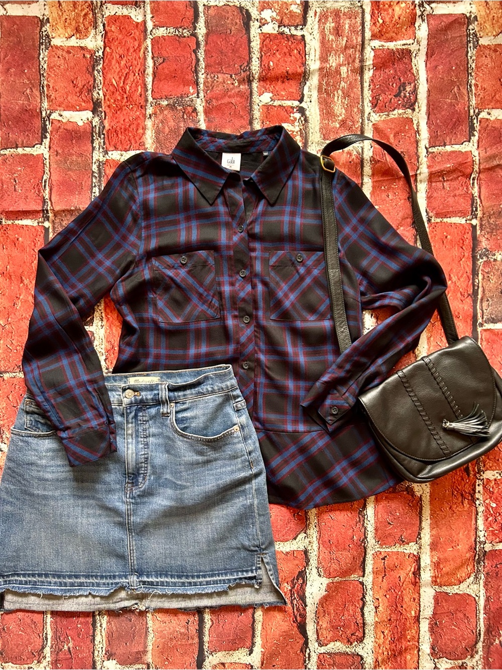 Cabi moody plaid button down with peplum hem